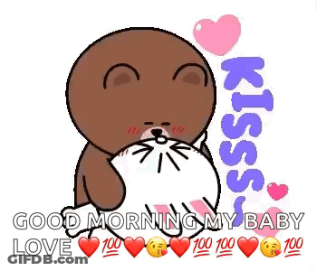 A Cartoon Of A Bear Kissing A Cat With Hearts Around It And The Words `` Good Morning My Baby Love '' . GIF