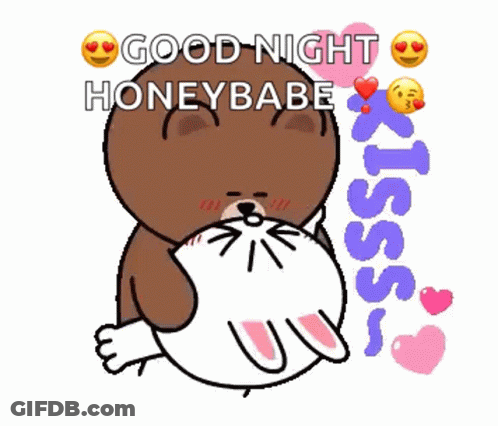 A Cartoon Of A Bear Kissing A Cat With The Words Good Night Honeybabe Kiss GIF