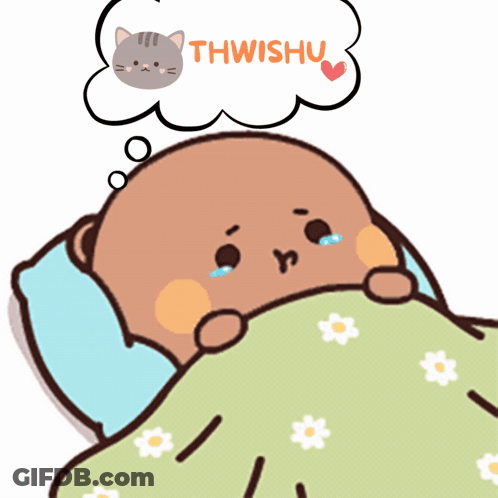 A Cartoon Of A Bear Laying In Bed With A Thought Bubble That Says Thwishu GIF