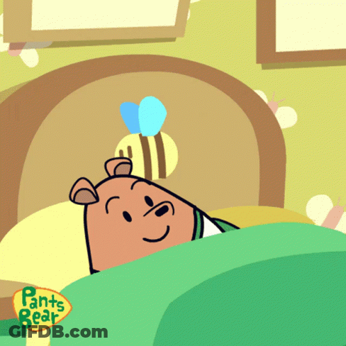 A Cartoon Of A Bear Laying On A Bed With Pants Bear On The Bottom GIF