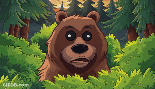A Cartoon Of A Bear Peeking Out Of A Bush GIF