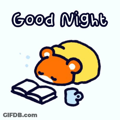 A Cartoon Of A Bear Reading A Book With The Words Good Night Below GIF