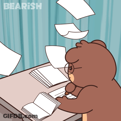 A Cartoon Of A Bear Sitting At A Desk With Papers Falling Around Him And The Word Bearish Above Him GIF