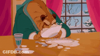 A Cartoon Of A Bear Sitting At A Table Eating Food GIF