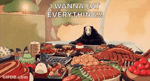 A Cartoon Of A Bear Sitting At A Table With A Lot Of Food And Saying `` I Wanna Eat Everything '' . GIF