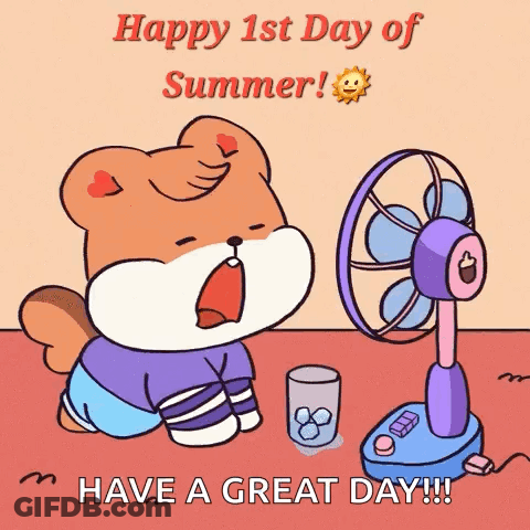 A Cartoon Of A Bear Sitting In Front Of A Fan With The Words Happy 1St Day Of Summer GIF