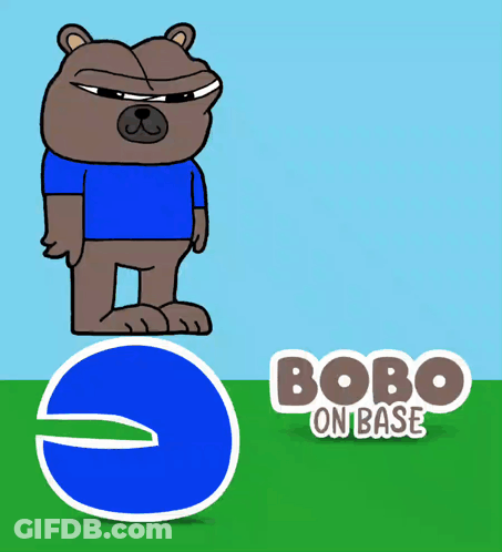 Cartoon Bear Next To Blue E With Bobo GIF
