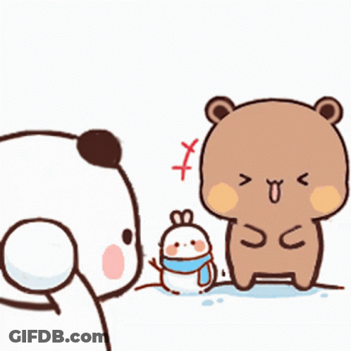 A Cartoon Of A Bear Standing Next To A Snowman GIF