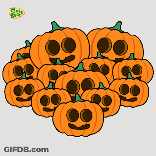 A Cartoon Of A Bear Surrounded By Pumpkins With Pants Bear Written On The Bottom Left GIF