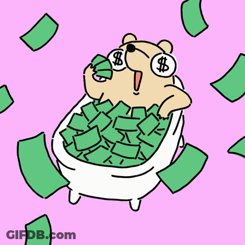 A Cartoon Of A Bear Taking A Bath In A Tub Filled With Money GIF