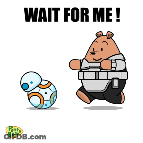 A Cartoon Of A Bear Walking Next To A Bb-8 And The Words Wait For Me GIF