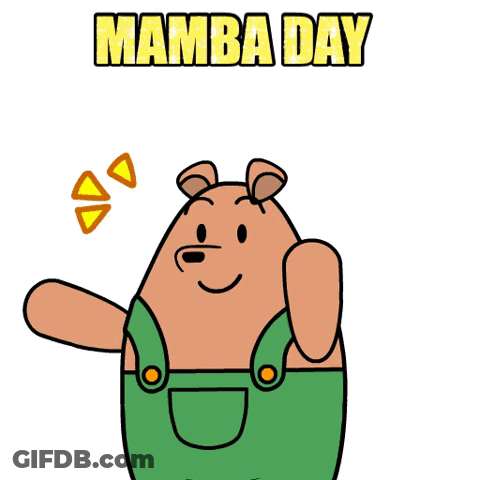 A Cartoon Of A Bear Wearing Green Overalls And The Words Mamba Day GIF