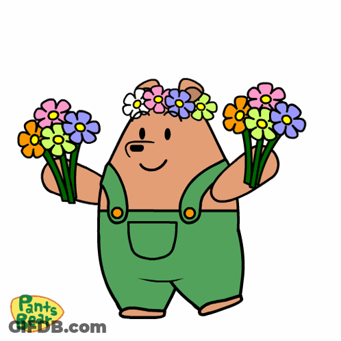 A Cartoon Of A Bear Wearing Overalls And A Flower Crown GIF