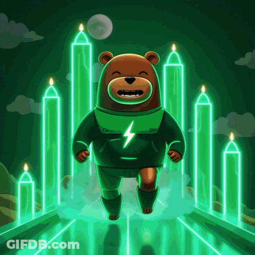 A Cartoon Of A Bear With A Lightning Bolt On His Chest Running GIF