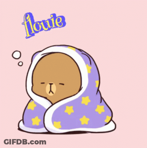 A Cartoon Of A Bear Wrapped In A Purple Blanket With The Word Flowe Written On It GIF