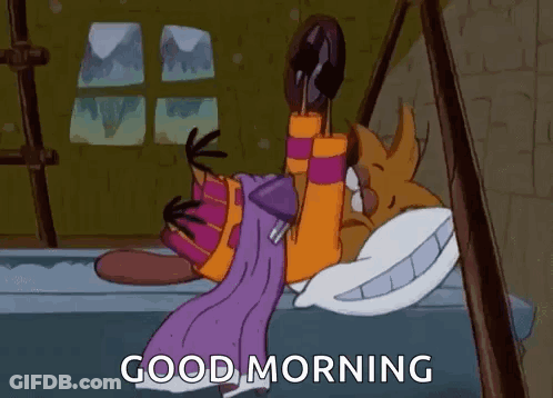 A Cartoon Of A Beaver Laying On A Bed With The Words `` Good Morning '' Written Above Him . GIF