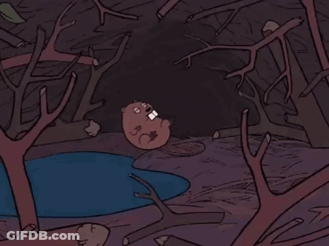 A Cartoon Of A Beaver Laying On The Ground In A Forest Next To A Pond . GIF