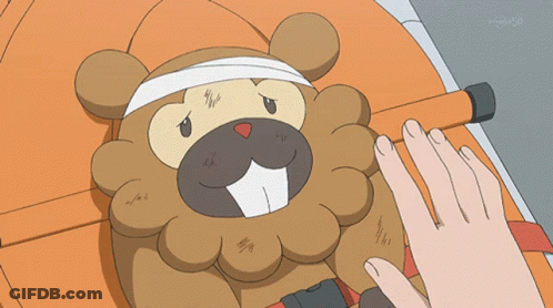 A Cartoon Of A Beaver With A Bandage On Its Head Is Being Touched By Someone 'S Hand GIF