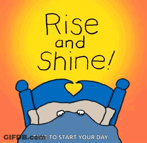 A Cartoon Of A Bed With The Words Rise And Shine Above It GIF