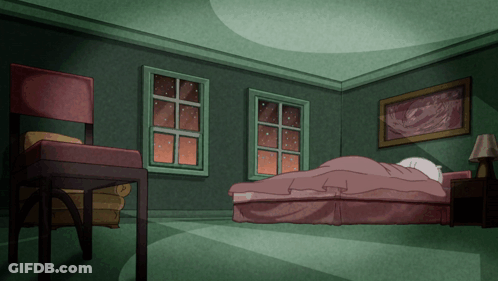 A Cartoon Of A Bedroom With A Bed And A Chair GIF