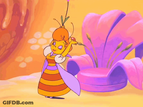 A Cartoon Of A Bee Holding A Flower In Front Of A Flower GIF