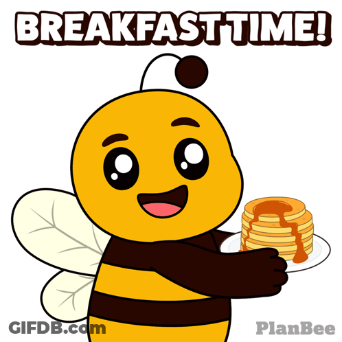 A Cartoon Of A Bee Holding A Plate Of Pancakes With The Words Breakfast Time Above It GIF