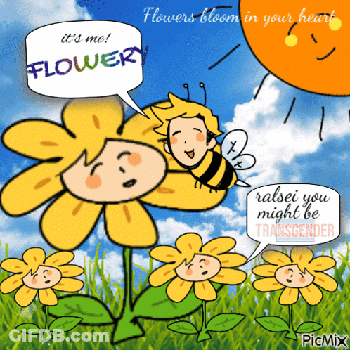 A Cartoon Of A Bee Talking To A Flower That Says " It 'S Me Flowery " GIF