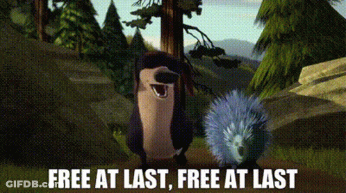 A Cartoon Of A Bird And A Porcupine With The Words `` Free At Last , Free At Last '' . GIF