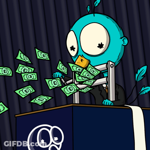 A Cartoon Of A Bird Holding A Bunch Of Money With The Letter O On It GIF