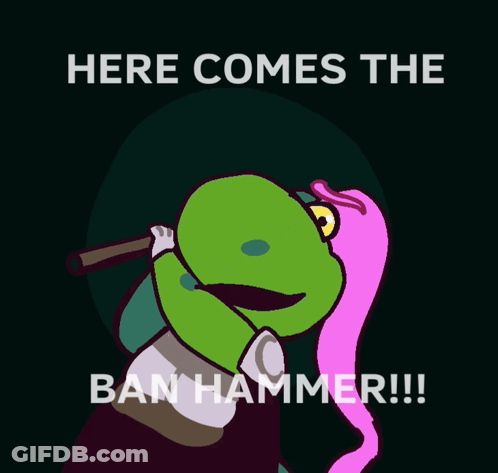 A Cartoon Of A Bird Holding A Hammer And The Words Here Comes The Ban Hammer GIF