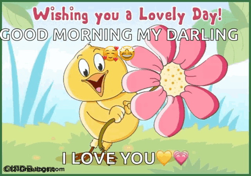 A Cartoon Of A Bird Holding A Pink Flower With The Words Wishing You A Lovely Day GIF