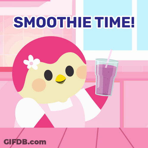 A Cartoon Of A Bird Holding A Smoothie And The Words Smoothie Time GIF