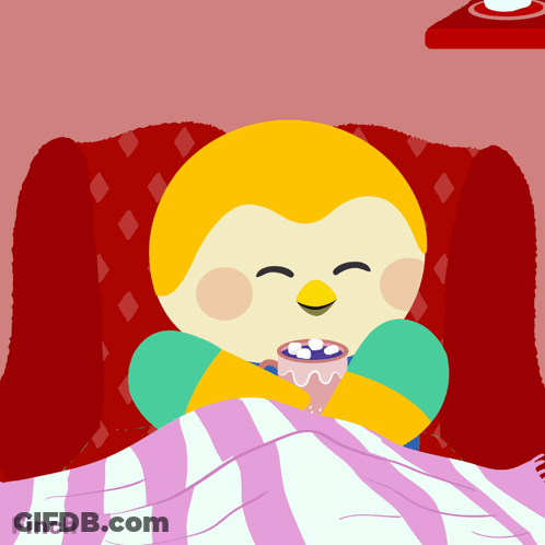 A Cartoon Of A Bird Laying In Bed With A Cup Of Hot Chocolate GIF