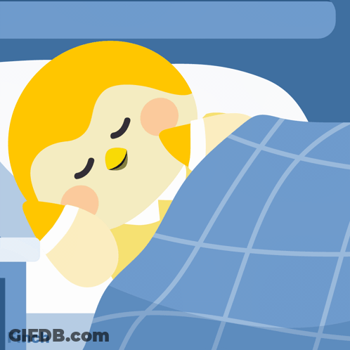 A Cartoon Of A Bird Sleeping Under A Blue Blanket With The Word Finch On The Bottom GIF