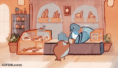 A Cartoon Of A Bird Standing In Front Of A Bakery Counter GIF