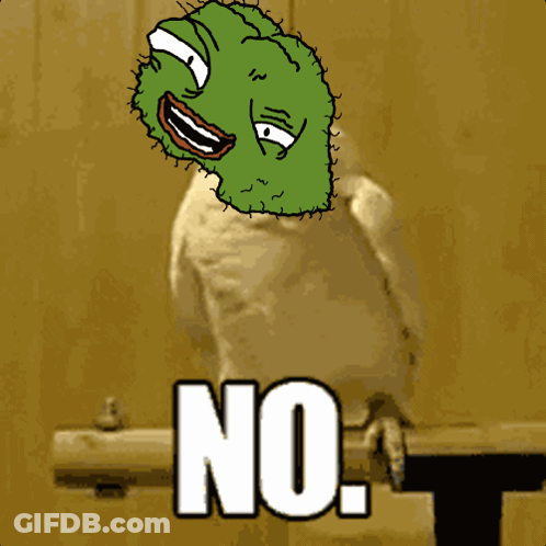 A Cartoon Of A Bird With A Green Face And The Word No On It GIF