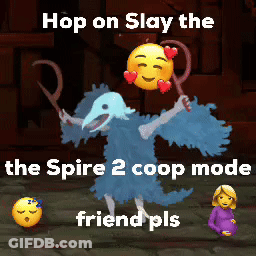 A Cartoon Of A Bird With A Smiley Face On Its Head And The Words Hop On Slay The Spire 2 Coop Mode GIF