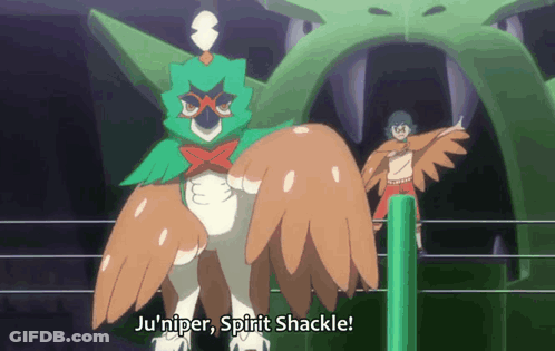 A Cartoon Of A Bird With The Words Juniper Spirit Shackle Written Below It GIF