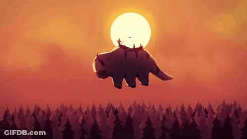 A Cartoon Of A Bison Flying In The Air With The Sun Behind It GIF
