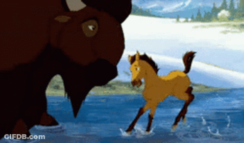 A Cartoon Of A Bison Standing Next To A Horse In The Water GIF