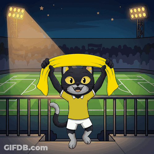 A Cartoon Of A Black Cat Holding A Yellow Scarf In Front Of A Soccer Field GIF