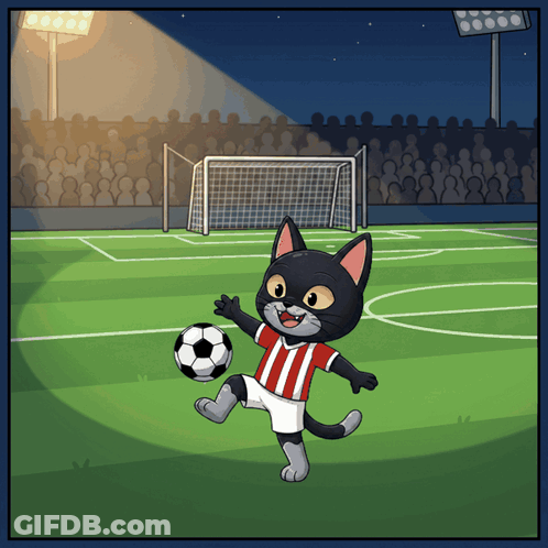 A Cartoon Of A Black Cat Kicking A Soccer Ball GIF
