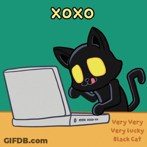 A Cartoon Of A Black Cat Looking At A Laptop With The Words Xoxo Very Very Lucky Black Cat Below It GIF