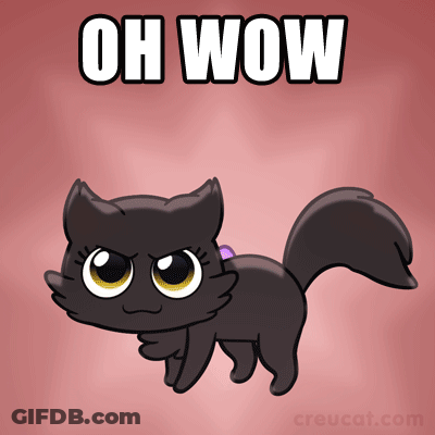 A Cartoon Of A Black Cat With The Words " Oh Wow " Above It GIF