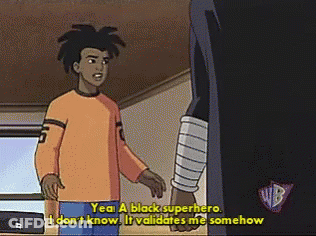 A Cartoon Of A Black Superhero Talking To Another Person GIF