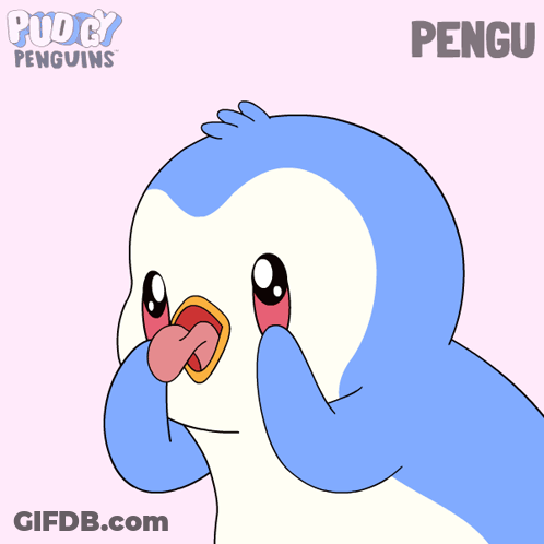 A Cartoon Of A Blue And White Penguin With The Name Pengu On The Bottom GIF