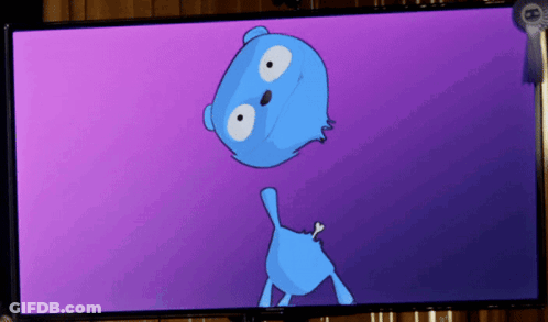 A Cartoon Of A Blue Bear On A Purple Screen GIF