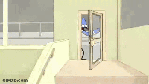 A Cartoon Of A Blue Bird With A Long Beak Is Standing In Front Of A Window GIF