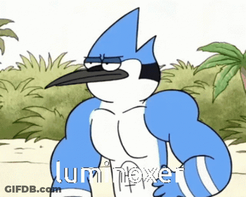 A Cartoon Of A Blue Bird With Muscles And The Words Lum Nexer GIF