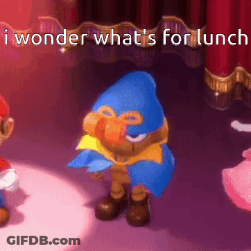 A Cartoon Of A Blue Bird With The Words I Wonder What 'S For Lunch GIF